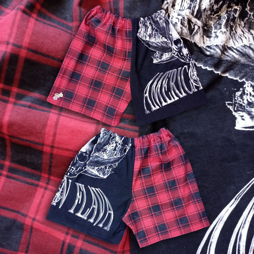 Custom Handmade American Flava Skull Plaid Shorts - Picture 2 of 6